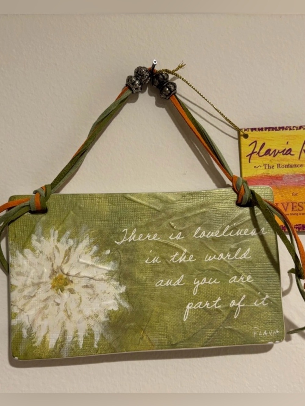 Silvestri White Plaque with Green and Orange Ribbon Hanger Approx 6x4